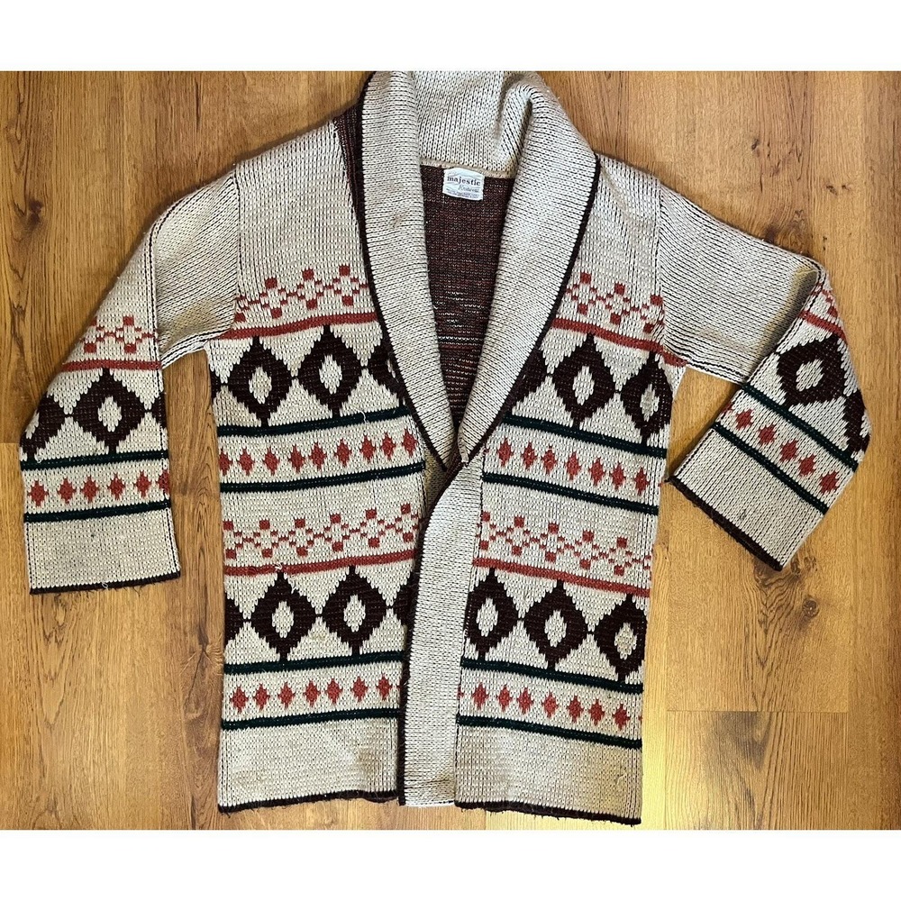 Vintage‎ Sweater Majestic Knitwear 70's Cardigan  Aztec Geometric Acrylic